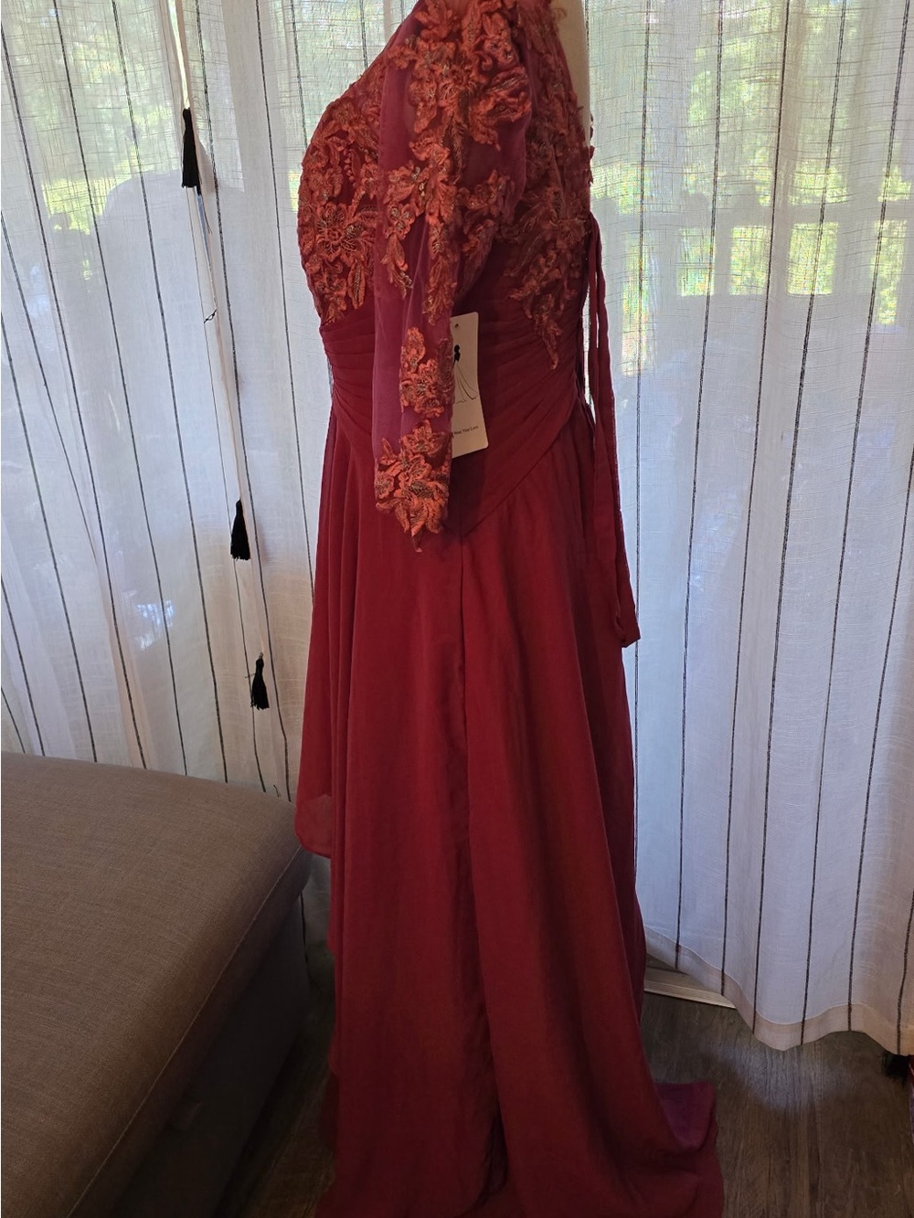 Elegant Burgundy Embroidered Maxi Dress with Sheer Sleeves - Picture 3 of 6